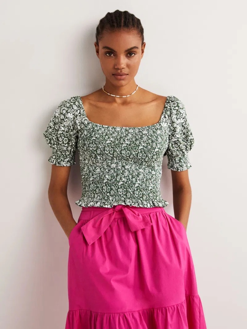 Boden Square Neck Smocked Top in Green